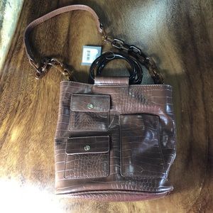 Studio 33 Caramel Brown Alligator Print Tote Bag, Plastic Chainlink Straps, NWT